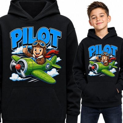 Bluza chłopięca z kapturem - „Pilot” z wesołym lotnikiem w zielonym samolocie