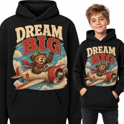 Bluza chłopięca z kapturem - miś pilot w retro samolocie „Dream big” dla małego lotnika