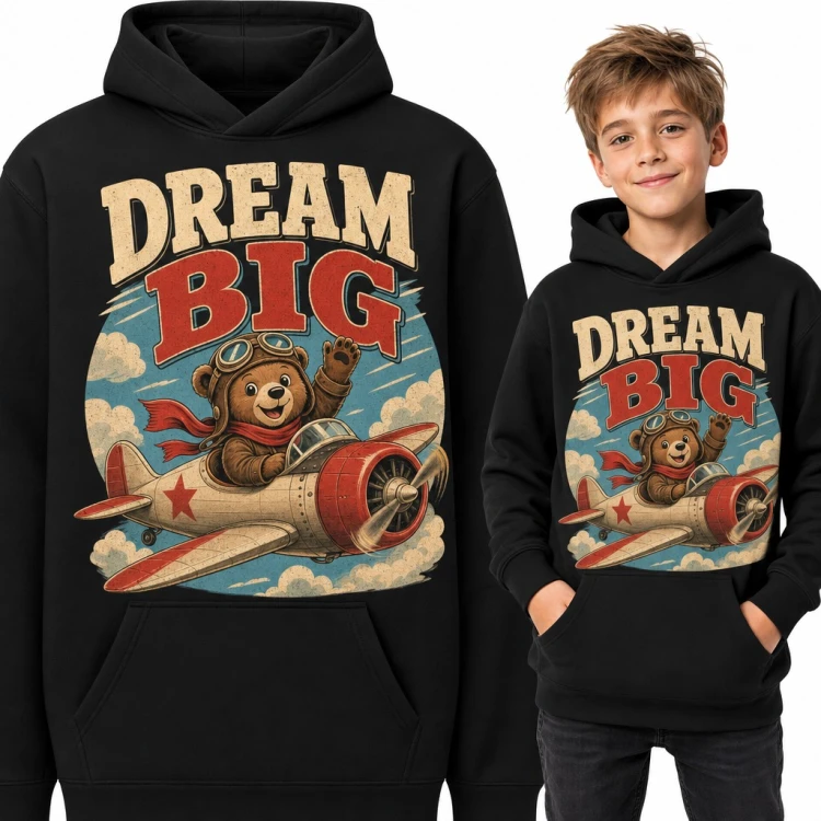 Bluza chłopięca z kapturem - miś pilot w retro samolocie „Dream big” dla małego lotnika