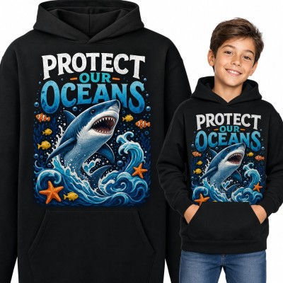 Bluza chłopięca z kapturem - rekin w falach „Protect our oceans”