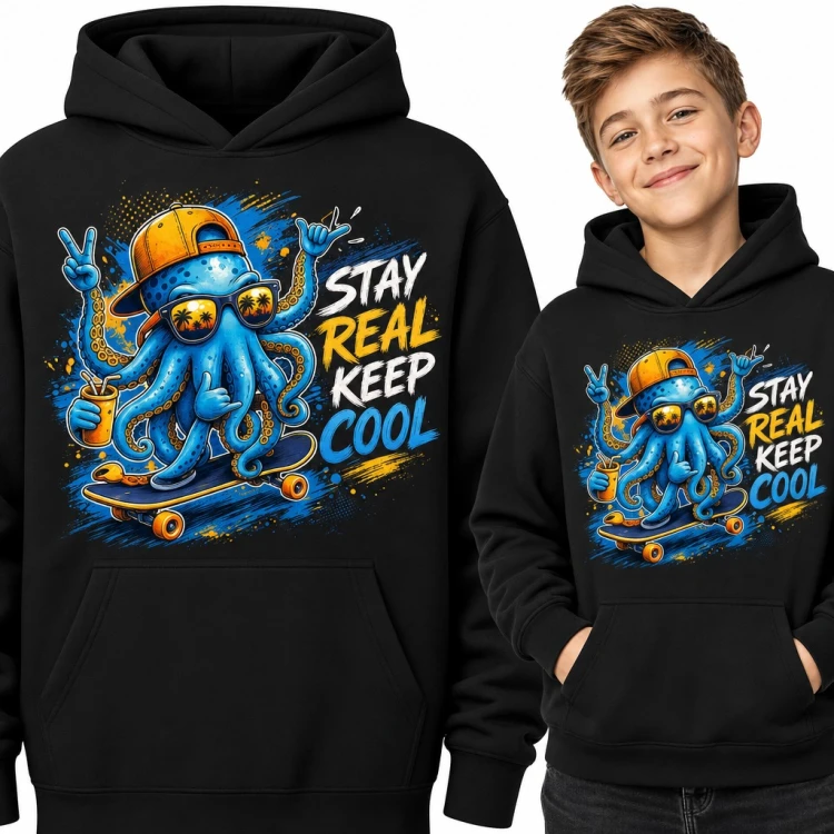 Bluza chłopięca z kapturem - ośmiornica na deskorolce „Stay real keep cool”