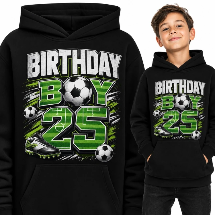 Bluza chłopięca z kapturem na 25 urodziny - „Birthday boy 25” z piłką nożną
