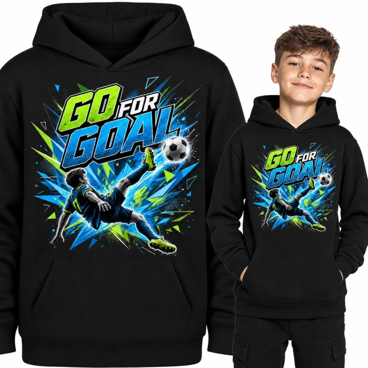 Bluza chłopięca z kapturem - „Go for goal” piłkarz w przewrotce dla młodego piłkarza