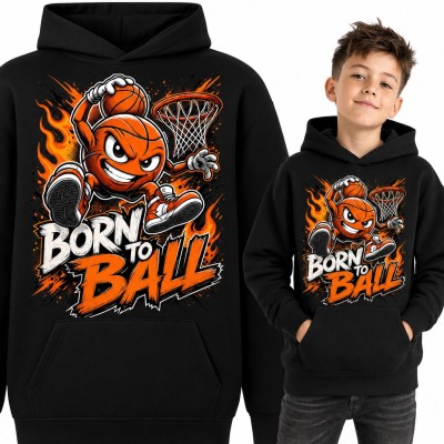 Bluza chłopięca z kapturem - „Born to ball” z piłką do koszykówki robiącą wsad