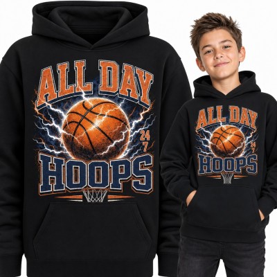 Bluza chłopięca z kapturem - „All Day Hoops” z piłką do koszykówki i błyskawicami