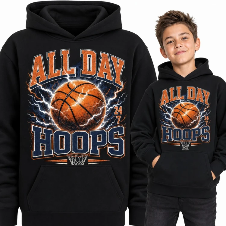 Bluza chłopięca z kapturem - „All Day Hoops” z piłką do koszykówki i błyskawicami