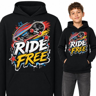 Bluza chłopięca z kapturem - deskorolka „Ride free” w stylu graffiti dla skatera