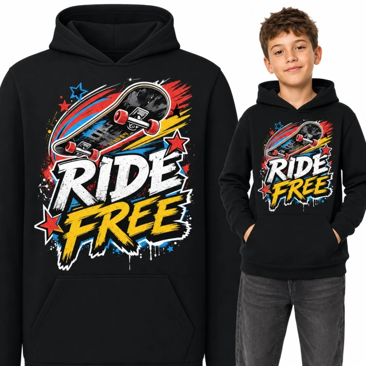 Bluza chłopięca z kapturem - deskorolka „Ride free” w stylu graffiti dla skatera