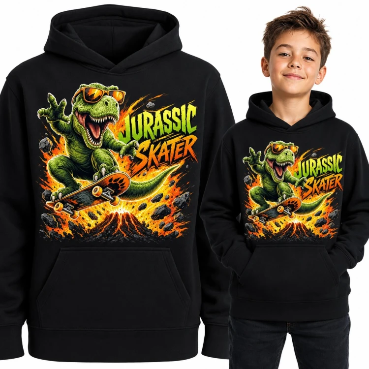Bluza chłopięca z kapturem - dinozaur T-rex na deskorolce „Jurassic Skater”