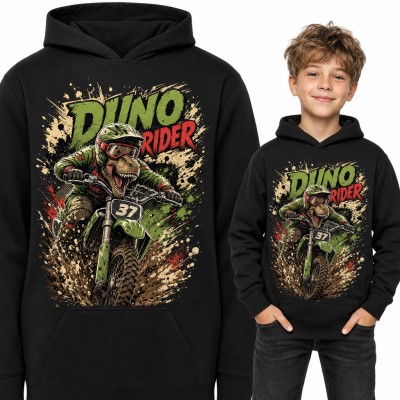 Bluza chłopięca z kapturem - „Dino rider” tyranozaur na motocyklu crossowym