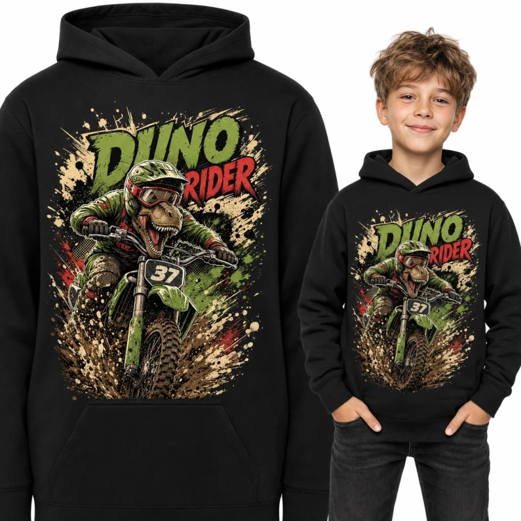 Bluza chłopięca z kapturem - „Dino rider” tyranozaur na motocyklu crossowym