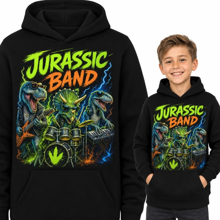 Bluza chłopięca z kapturem „Jurassic Band” - dinozaury grające rocka na gitarze i perkusji