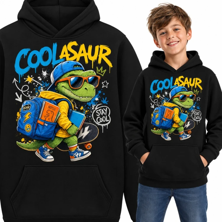 Bluza chłopięca z kapturem - dinozaur T-rex „Coolasaur” z deskorolką i plecakiem