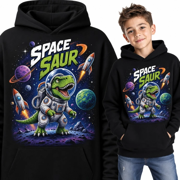 Bluza chłopięca z kapturem - dinozaur T-rex astronauta „Space Saur”