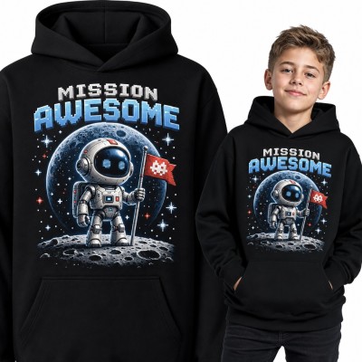 Bluza chłopięca z kapturem - robot astronauta na Księżycu „Mission Awesome” w stylu pixel art