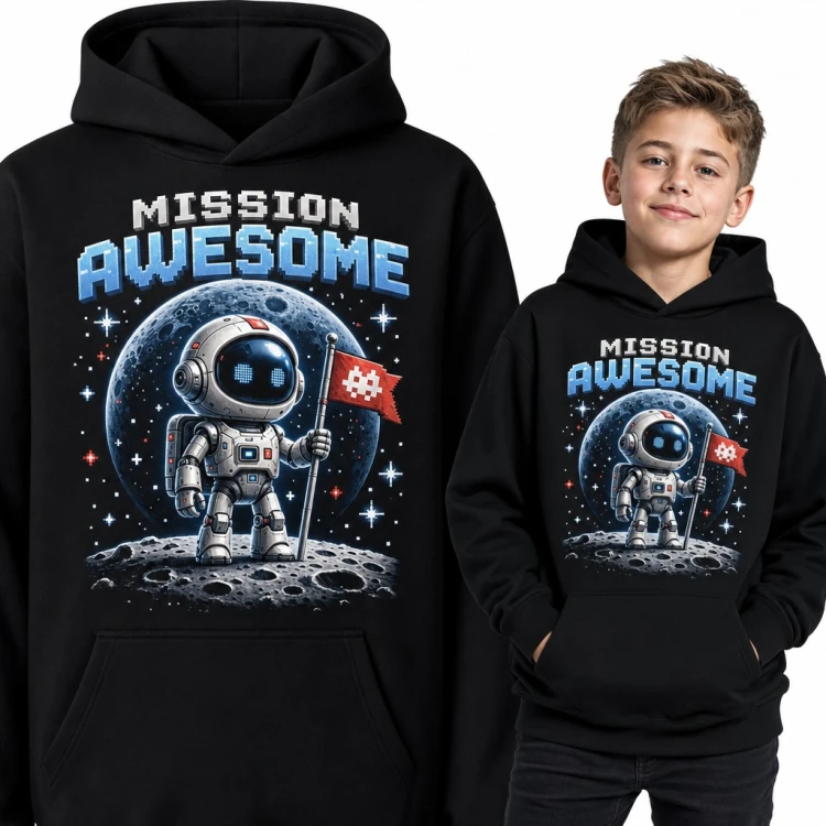 Bluza chłopięca z kapturem - robot astronauta na Księżycu „Mission Awesome” w stylu pixel art