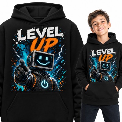 Bluza chłopięca z kapturem - robot gamer z ekranem „Level up”
