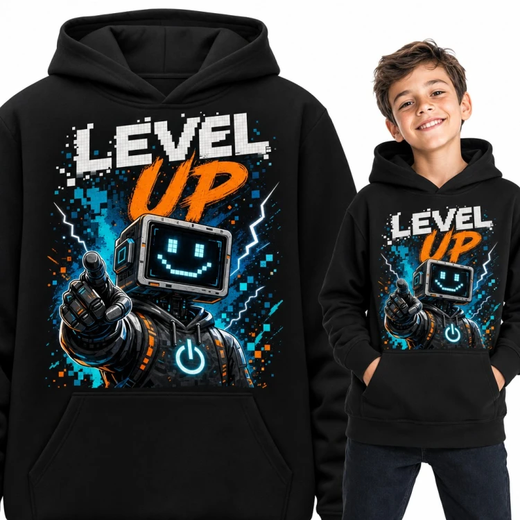 Bluza chłopięca z kapturem - robot gamer z ekranem „Level up”