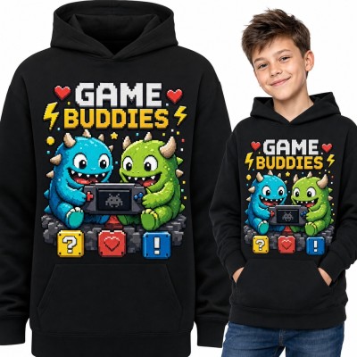 Bluza chłopięca z kapturem „Game buddies” - pikselowe potworki z konsolą dla gracza