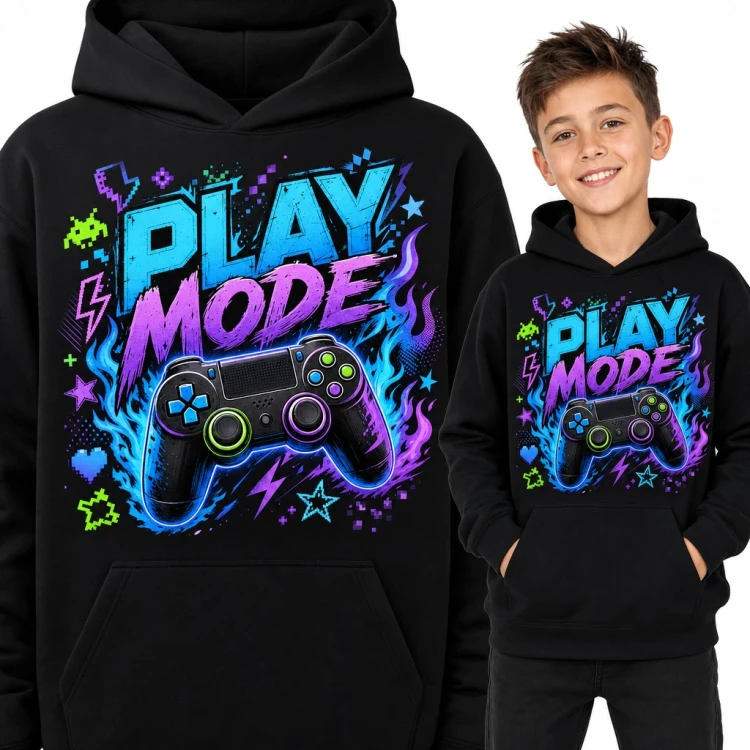 Bluza chłopięca z kapturem - „Play mode” z neonowym padem w płomieniach