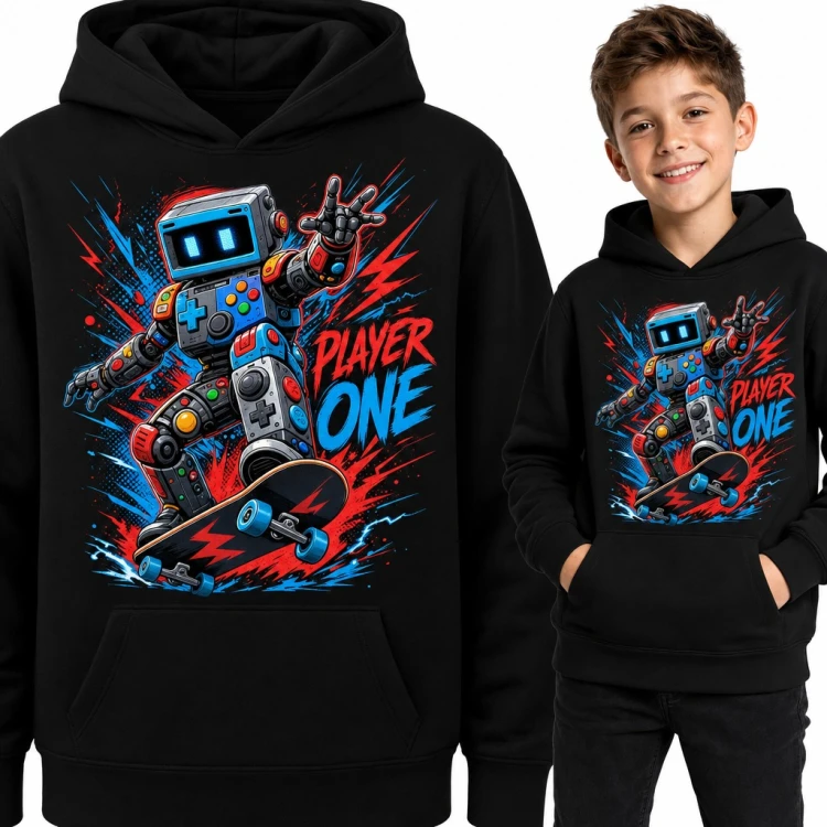 Bluza chłopięca z kapturem - robot z padów na deskorolce „Player one” dla gracza