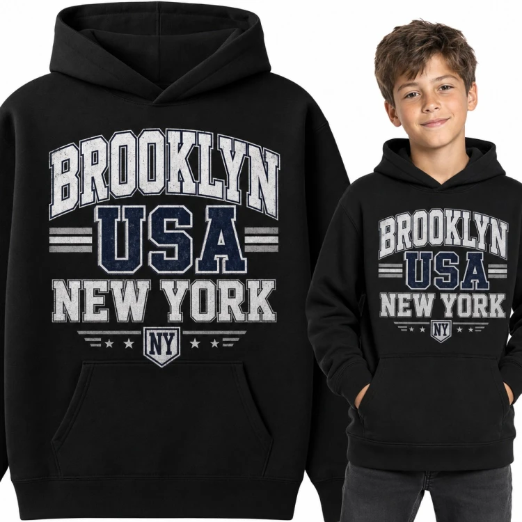 Bluza chłopięca z kapturem - „Brooklyn USA New York” w stylu college z tarczą NY