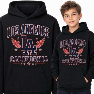 Bluza chłopięca z kapturem „Los Angeles LA California” - monogram ze skrzydłami w stylu college