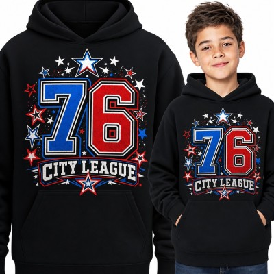 Bluza chłopięca z kapturem - „76 City League” w stylu college z gwiazdami