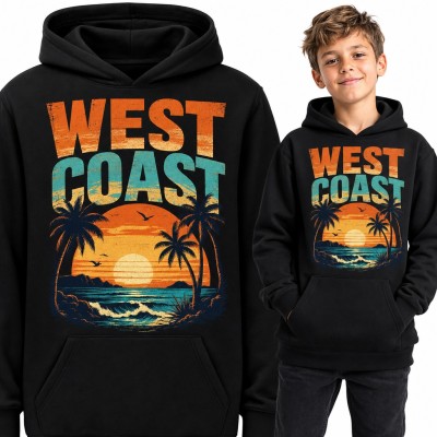 Bluza chłopięca z kapturem - „West Coast” z palmami i zachodem słońca nad oceanem