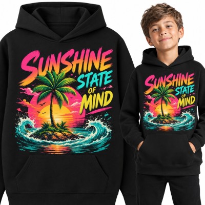 Bluza chłopięca z kapturem - „Sunshine State of Mind” z palmą na wyspie i neonowym zachodem słońca