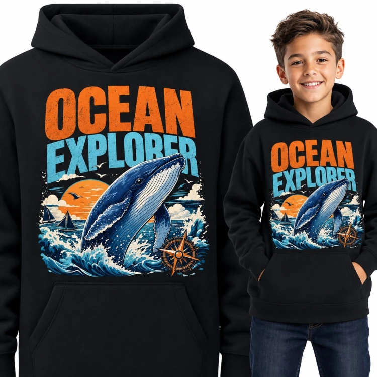 Bluza chłopięca z kapturem „Ocean Explorer” - wieloryb wyskakujący z fal i kompas