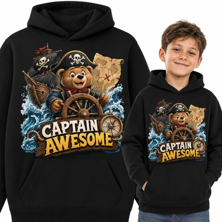 Bluza chłopięca z kapturem - miś pirat za sterem „Captain Awesome”