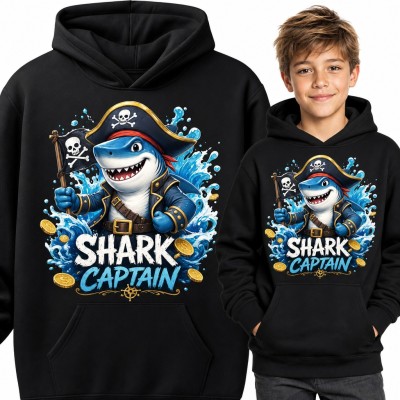 Bluza chłopięca z kapturem - rekin pirat z flagą „Shark Captain”
