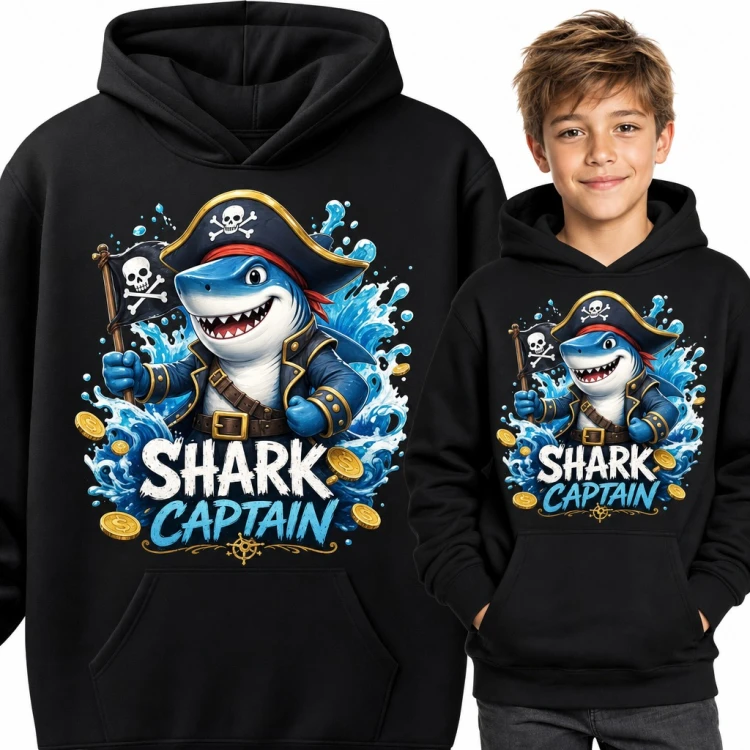 Bluza chłopięca z kapturem - rekin pirat z flagą „Shark Captain”
