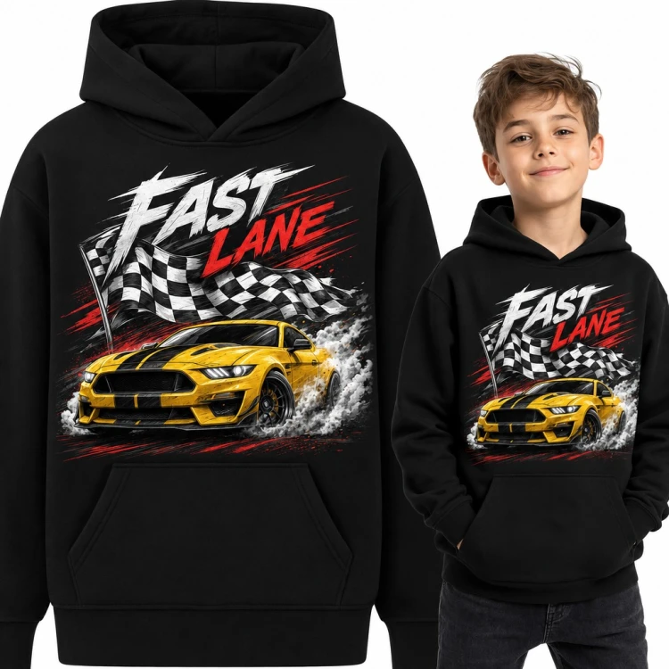 Bluza chłopięca z kapturem „Fast Lane” - żółte sportowe auto w drifcie i flaga w szachownicę