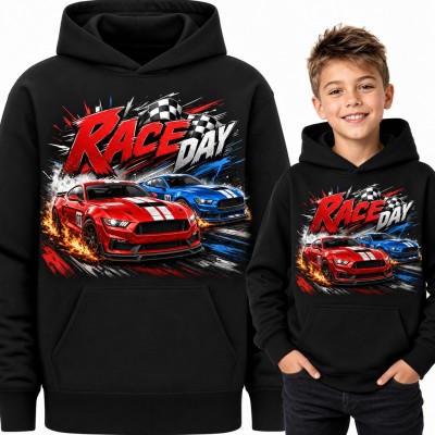 Bluza chłopięca z kapturem - „Race Day” czerwone i niebieskie auta wyścigowe