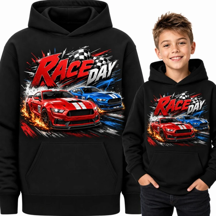 Bluza chłopięca z kapturem - „Race Day” czerwone i niebieskie auta wyścigowe