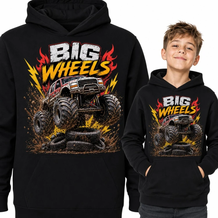 Bluza chłopięca z kapturem - monster truck w błocie „Big Wheels”