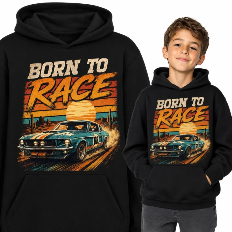 Bluza chłopięca z kapturem - „Born to Race” retro wyścigowe auto z numerem 68 na pustyni