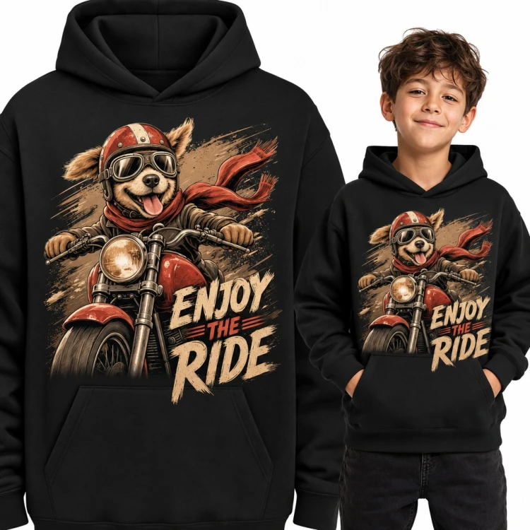 Bluza chłopięca z kapturem - piesek na motocyklu retro „Enjoy the ride”
