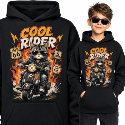 Bluza chłopięca z kapturem - kot na skuterze w okularach „Cool Rider”