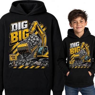 Bluza chłopięca z kapturem - żółta koparka z kamieniami i napis „Dig big”