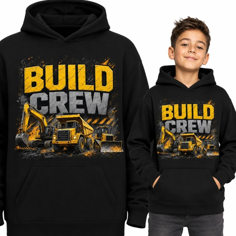 Bluza chłopięca z kapturem - koparka, wywrotka i spychacz „Build Crew”
