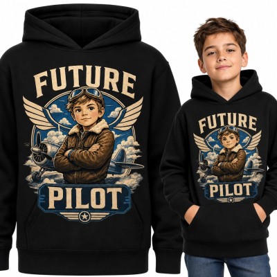 Bluza chłopięca z kapturem - „Future pilot” mały lotnik z samolotem retro