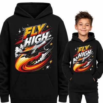 Bluza chłopięca z kapturem - myśliwiec odrzutowy i napis „Fly high” dla małego pilota