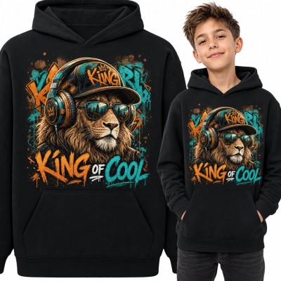 Bluza chłopięca z kapturem - lew w słuchawkach i okularach „King of cool” graffiti