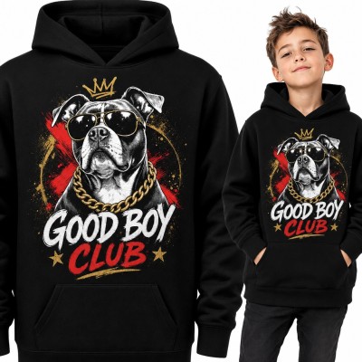 Bluza chłopięca z kapturem - „Good Boy Club” pitbull w okularach i złotym łańcuchu