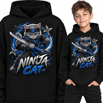 Bluza chłopięca z kapturem - „Ninja cat” szary kot z kataną i shurikenami