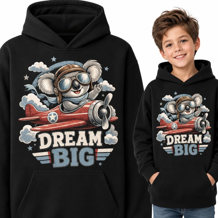 Bluza chłopięca z kapturem - koala pilot w samolocie „Dream big”