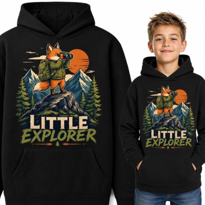 Bluza chłopięca z kapturem - lis z lornetką w górach „Little Explorer”